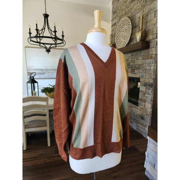 NWT VTG Pokara V Neck Striped Wool Blend Kurt Cobain‎ Grandpa Grunge Sweater M